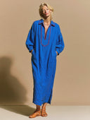 Women's Premium Minimalist Embroidered Neckline And Lantern Sleeves Cotton-Linen Loose Maxi Dress
