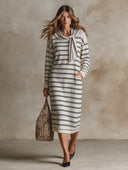 Women's Nautical Style Striped Tie-neck Long-sleeved Knit Midi Dress ZMZ0895I5XT