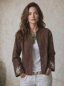 Women's Classic Retro Casual Faux Suede Single-Breasted Jacket With Stand Collar And Cuff Embroidery ZMZ2691H8ZYY