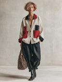 Women's Stylish Cotton-Linen Two-Piece Set: Color-Block Two-Button Jacket And Black Trousers ZMZ0369I1SWL