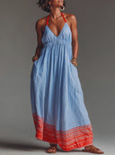 Women's Vacation Style Blended Halter Neck Striped Hem Maxi Dress With Pockets ZMZ2496D4YZH