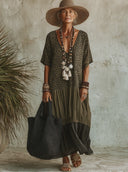 Women's Spliced Leopard Print V-Neck Short-Sleeve Maxi Dress ZMZ1462E6XT