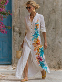 Women's Watercolor Floral Print Long Sleeve Button Down Maxi Shirt Dress