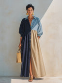 Women's Stylish Cotton Color-block Half-sleeve Maxi Dress ZMZ3035G9SWL