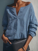 Women's Retro Casual Striped Print Boat Neck Long Sleeve Shirt ZMZ0656G4ZJY