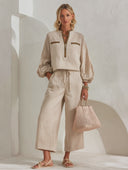Women's Classic Light Khaki Cotton-Linen Zip-Neck Top And Cropped Wide-Leg Pants Two-Piece Set ZMZ2708G6SWL
