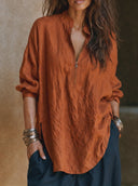 Women Autumn Thick Premium Cotton Linen Oversized Tunic Top Stand Collar Half Zip Long Sleeve Side Split Pocket Loose Fall Casual Blouse ZMZ2133G3YZH