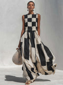 Women's Casual & Stylish Cotton-Linen Blend With Plaid And Stripe Paneling Sleeveless Maxi Dress ZMZ1139E4ZYY