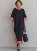 Women's Casual Retro Pink & Black Color-Block Round Neck, Short Sleeve, Loose Fit Cotton-Linen Midi Dress ZMZ1626F6ZYY