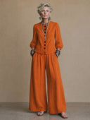 Women's Vintage Elegant Cotton-Linen Set: Single-Breasted Lantern-Sleeve Shirt And Elastic-Waist Wide-Leg Pants ZMZ1379H9ZYY