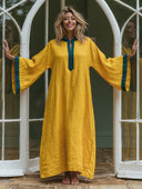Women's Vacation Casual Cotton-Linen V-Neck Flare-Sleeve Loose Maxi Dress ZMZ2464G6ZYY