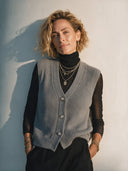 Women's Classic Grey Ribbed V-Neck Button-Front Knit Vest ZMZ0367I2SWL