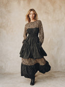 Women's Vintage Casual Leopard Print Cotton-Panelled Crew Neck Long-Sleeve Ruffled Maxi Dress ZMZ0792H5ZJY