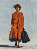 Women's Oversized Linen Color-Block Pintuck Long Sleeve Maxi Dress ZMZ2390G5XT