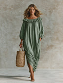 Women's Cotton Linen Off-shoulder Ruffled Collar Long-sleeved Loose-fitting Maxi Dress ZMZ2887H0XT
