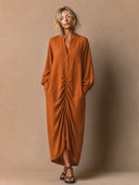 Women's Vintage-Style Elegant Casual Cotton-Linen V-Neck Long-Sleeve Loose Maxi Dress ZMZ1759H1ZYY