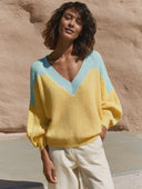 Women Color Block V‑Neck Knit Sweater, Loose Lantern Long Sleeve Casual Pullover Top ZMZ0482H7YZH