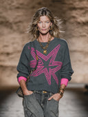 Women's Casual Street Style Star Jacquard Color-blocked Crew Neck Sweater ZMZ2580H3XT