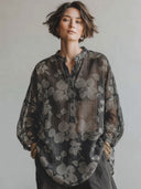 Women's Classic Casual Henley Neck And Lantern Sleeves Loose-Fit Jacquard Shirt (Includes Camisole)ZMZ3089G1ZYY