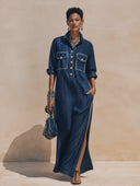 Women's Classic Textured Navy Blue Acetate Side-slit Long-sleeved Maxi Dress ZMZ0320H7SWL