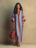 Women's French-style Relaxed-fit Striped V-neck Maxi Dress ZMZ0748I1XT