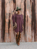 Women's Retro Casual Vertical-Stripe Jacquard Knit Crew-Neck Long-Sleeve Loose Mini Dress ZMZ2325G5ZYY