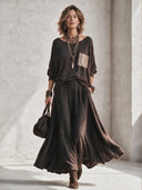 Women's Classic Dark Brown Knitted Long-sleeve Top And Skirt Set ZMZ2536H8SWL