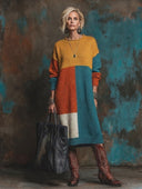 Women's Retro-American Style Casual Color-Block Crew-Neck Long-Sleeve Loose Midi Knit Dress ZMZ0714H5ZYY