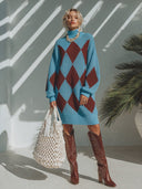 Women's French-style Elegant Loose-fit Turtleneck Mini Knit Dress With Diamond Pattern ZMZ0973I4ZYY