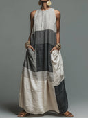 Women's Linen-Blend Color Block Striped Sleeveless Maxi Dress With Pockets ZMZ3041D9YZH