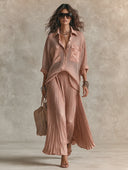 Women's Relaxed-Fit Mesh Vacation Shirt And Pleated Satin Skirt Two-Piece Set ZMZ3161H3XT