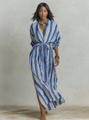 Women's Vacation-Style Striped Print Stand-Collar Maxi Dress ZMZ0285F4XT