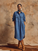 Women's Classic American Casual Cotton-Linen With Collar, Long Sleeves, And Multiple Pockets Midi Dress ZMZ1325H2ZYY