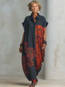 Women's Vintage Casual Cotton-Linen Printed Henley-Neck Short-Sleeve Maxi Dress ZMZ1923E2ZYY