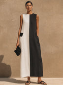 Women's Casual Cotton-Linen Color-Block Maxi Dress ZMZ2360F1XT