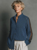 Women's Premium Vintage-Style Ribbed Knit & Mesh Panel Stand Collar Long-Sleeve Shirt ZMZ2286G7ZYY