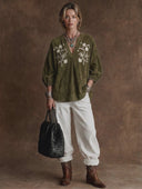 Women's Vintage-Style Faux Suede Embroidered V-Neck Lantern Sleeve Shirt ZMZ0518H1ZYY