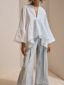 Women's Premium Minimalist Cotton-Linen V-Neck Flared Sleeves Loose Shirt ZMZ2407G3ZYY