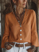 Women's Cotton-Linen V-Neck Button-Front Flare-Sleeve Shirt ZMZ1306H9XT