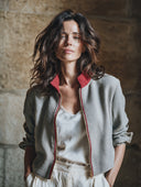 Women's Casual Waffle Color Block Collar Zipper Bomber Jacket ZMZ2508H2XT