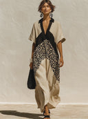 Women's Casual Vacation-Style  Loose-Fit, Short-Sleeve V-Neck With Cotton-Linen Paneling And Leopard Print Maxi Dress ZMZ2506E0ZYY