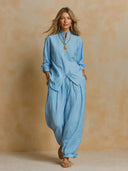 Women's Vintage Casual Cotton Striped Long-Sleeve Shirt And Trousers Two-Piece Set ZMZ3177G4ZJY