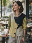 Women's Classic Autumn Color-Block Cotton-Linen Long-Sleeve Shirt ZMZ1899H4SWL
