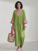 Women's Premium Minimalist Cotton-Linen Patchwork V-Neck Flare-Sleeve Loose Maxi Dress ZMZ2373G8ZYY