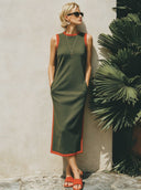 Women's Street-Style Casual Sleeveless Midi Dress With Side Slits And Red Piping ZMZ2002E2SWL
