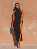 Women's Retro Casual Knitted High Neck Color Block Knitted Maxi Dress ZMZ0609H8ZJY