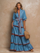Women's Chambray Tiered Maxi Dress with Contrast Trim Puff Sleeve Tie Waist ZMZ2432H0XT
