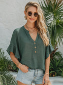 Women's Classic Dark Green Cotton-Linen V-Neck Loose Short-Sleeve Top ZMZ0992F8SWL