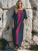 Women's Premium Minimalist Contrast-Paneling, Square-Round Neckline, And Short Sleeves Cotton-Linen Maxi Dress ZMZ1242E0ZYY