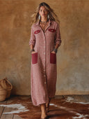 Women's Classic American Retro Plaid Cotton-Blend With Multiple Pockets Long-Sleeve Maxi Dress ZMZ1354H0ZYY
